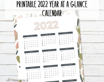2022 Printable Year At A Glance Calendar | Yearly Calendar | Yearly Planner | 2022 Planner | INSTANT DOWNLOAD