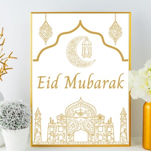 Letrero de Eid Mubarak: Decoración dorada para Ramadán imprimible (descarga digital JPEG de 8 x 10 pulgadas)