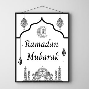 May include: Black and white printable art print with an ornate archway, crescent moon, and lanterns. The text "Ramadan Mubarak" is written in a decorative font.