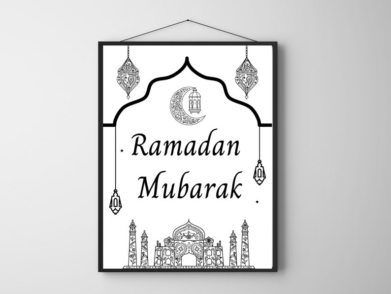 May include: Black and white printable art print with an ornate archway, crescent moon, and lanterns. The text "Ramadan Mubarak" is written in a decorative font.