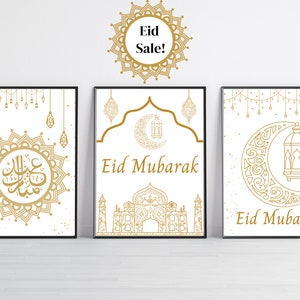 Conjunto de impresiones de Eid Mubarak: Arte islámico dorado, decoración de Ramadán (descarga digital)