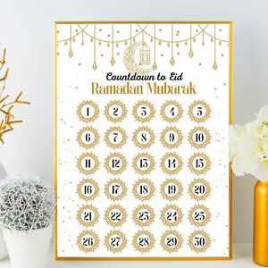 May include: A printable countdown calendar for Ramadan with gold accents and the text "Countdown to Eid Ramadan Mubarak". The calendar features 30 circles with numbers 1 through 30.