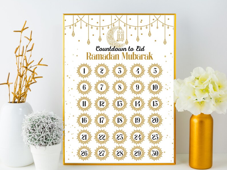 May include: A printable countdown calendar for Ramadan with gold accents and the text "Countdown to Eid Ramadan Mubarak". The calendar features 30 circles with numbers 1 through 30.
