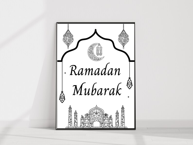 May include: Black and white printable art print with an Islamic design featuring a crescent moon, lanterns, and a mosque. The text "Ramadan Mubarak" is written in a decorative font.