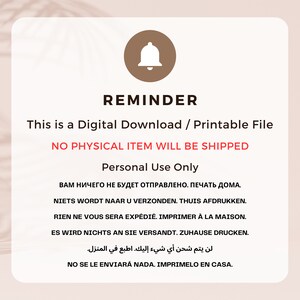 May include: A brown bell icon with a white outline, a reminder that this is a digital download and printable file. The text reads "This is a Digital Download / Printable File. NO PHYSICAL ITEM WILL BE SHIPPED. Personal Use Only." The text is in multiple languages, including English, Russian, Dutch, French, German, Spanish, and Arabic.