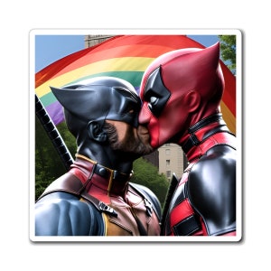 May include: A digital illustration of two superheroes, Deadpool and Wolverine, kissing in front of a rainbow flag. Deadpool is wearing his signature red and black suit, while Wolverine is wearing a black and red suit with a mask.