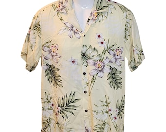 Winnie Fashion Hawaiian Shirt Small Cream Orchid Floral Rayon Made in Hawaii Vtg