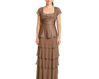 Patra Gown 8  Brown Champagne Satin  Tiered Maxi  Beaded Formal Evening Dress