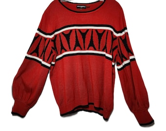 Karl Lagerfeld XL Red Black Crewneck Sweater – Vintage Designer Knit, 25″ Long