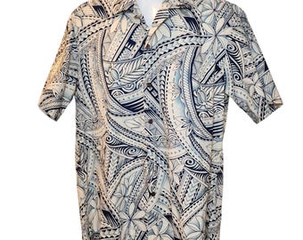 E&K Fashion Hawaiian Shirt Large Polynesian Tribal Tattoo Print Made in Hawaii
