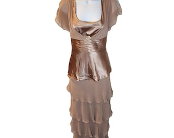 Patra Sz 8 Champagne Satin Tiered Maxi Gown Rhinestone Mother of the Bride
