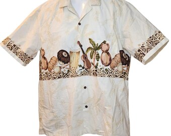 Royal Creations Hawaiian Shirt XL Cream Border Print Ukulele Tapa Made Hawaii