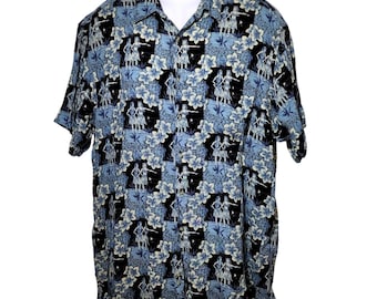 Pierre Cardin Mens 1X Blue Tropical Hula Dancer Vintage 90s Rayon Hawaiian Shirt
