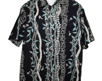 Mamo Howell Mens 2XL Hawaiian Shirt Black Teal Lei Print Made in Hawaii Aloha