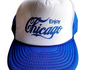 Vintage 80s Enjoy Chicago Nissin Cap Trucker Snapback Hat Blue White Taiwan