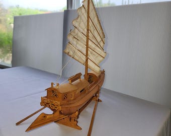 Vintage 12" Wooden Chinese Junk Boat Model • Hand‑Crafted Sailboat • Nautical