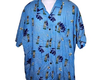 Pineapple Connection Mens XL Hula Girl Hawaiian Shirt Blue Rayon Button Down