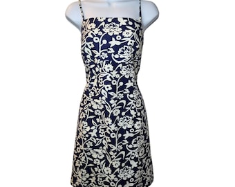 La Belle Fashions Inc Dress Size 11 Navy White Floral Cotton USA Made Vintage