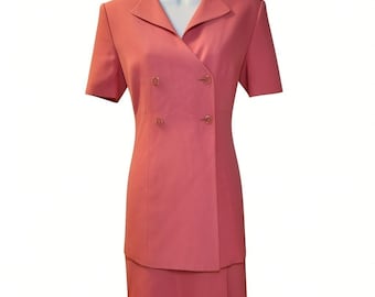 Casual Corner Vintage Coral Pink 2 Piece Dress Suit Set Double Breasted Size 8