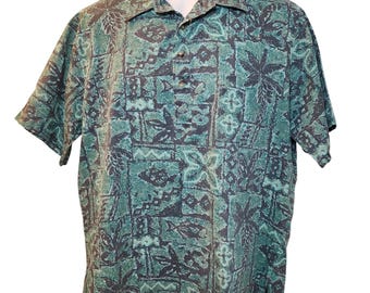Vintage Tori Richard Honolulu Hawaiian Pullover Shirt L Made in Hawaii Teal