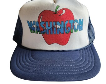 Vintage Washington State Apple Trucker Snapback Hat Navy Blue 80s PNW Souvenir