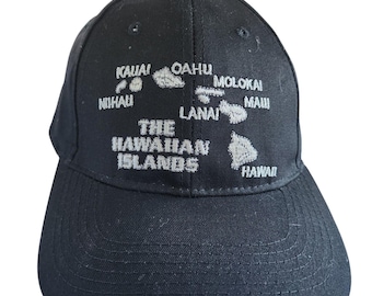 Vintage 90s Hawaiian Islands Map Embroidered Dad Cap Black All Islands Named