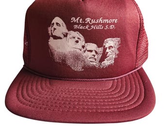 Vintage Mt. Rushmore Black Hills SD Maroon Trucker Snapback Hat 80s Souvenir