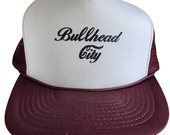 Bullhead City Arizona Vintage 80s Trucker Hat Mohr's Snapback Maroon White Foam