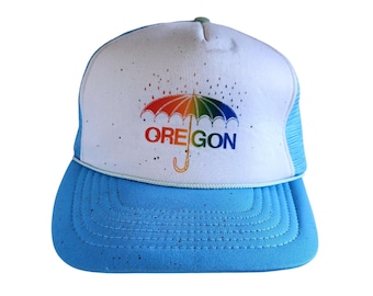 Vintage 80s Oregon Rainbow Umbrella Trucker Snapback Hat Souvenir Baby Blue