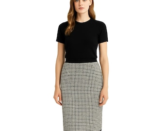 Morgan Taylor Skirt L Wool Houndstooth Pencil Career Lined Black White Vintage