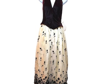 Vintage Scott McClintock Velvet Halter Floral Maxi Dress Gown Burgundy Cream 10