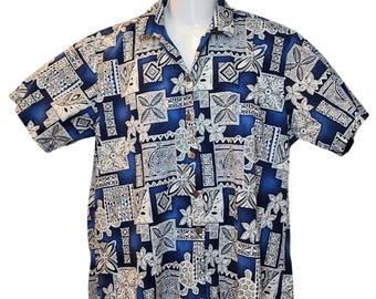 Aloha Hawaiian Shirt Large Blue Tapa Turtle Honu Tribal Made in Hawaii Vintage
