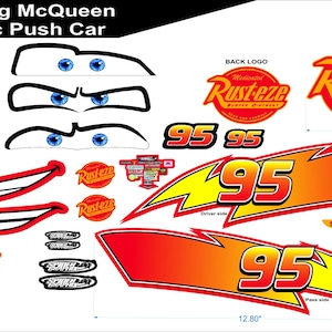 May include: A collection of Lightning McQueen car decals, including eyes, mouths, and the number 95. The decals feature the "Rusteze" logo and the text "KA-CHOW". The image includes measurements in inches.