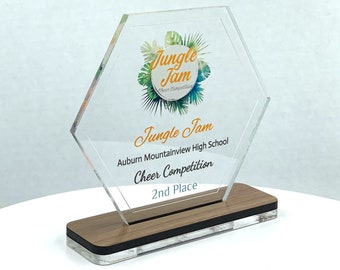 Hexagon Acrylic Trophy with Wood Base / Science Award / STEM Award / Tech Gift - Acrylic with Color Prints - Free Customization