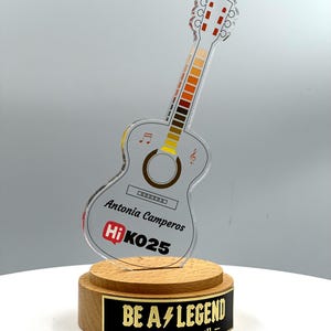 Guitar Acrylic Trophy with Solid Round Wood Base / Music Award / Guitarist Trophy / Artist Award - Acrylic Color Prints - Free Customization