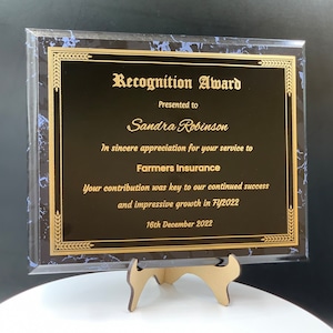 Personalized Engraved Trophy Plaque Award - Black Marble Trophy Plaque with Gold on Black Metal Plate - Multiple Sizes