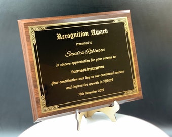 Personalized Engraved Trophy Plaque Award - Walnut / Cherry Trophy Plaque with Gold / Silver Black Metal Plate - Multiple Sizes