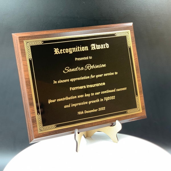 Personalized Engraved Trophy Plaque Award - Walnut / Cherry Trophy Plaque with Gold / Silver Black Metal Plate - Multiple Sizes