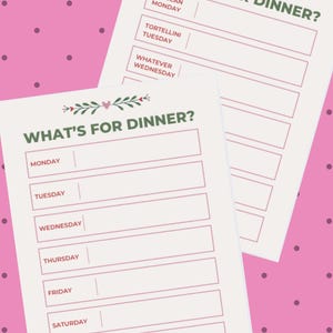 May include: A printable weekly meal planner with a floral design and the text "What's for dinner?" at the top. The planner includes spaces to write in meals for each day of the week, Monday through Sunday.