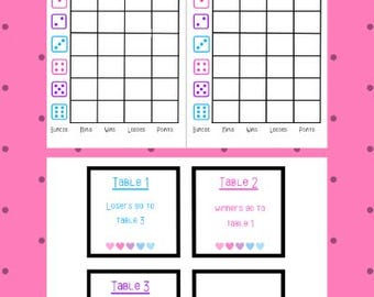 May include: A pink and white Bunco game sheet with the text "IT'S Bunco Time, Baby!" at the top. The sheet includes spaces for scores and table instructions. The background is pink with white polka dots.