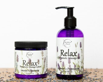 Massage Oil and Lotion Bundle- Therapeutic & All Natural - Enriched with Lavender, Marjoram, Peppermint Essential Oils - Simply Relaxing