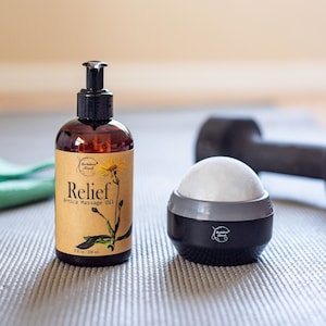 Pain Relief Bundle | Arnica Massage Oil and Cold Massage Ball for Relief from Muscle Soreness, Aches, and Pains | Exercise and Fitness