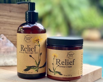 Arnica Massage Oil & Massage Cream Bundle - All Natural Relief from Achy Muscles, Stiff Joints and Promotes Relaxation.