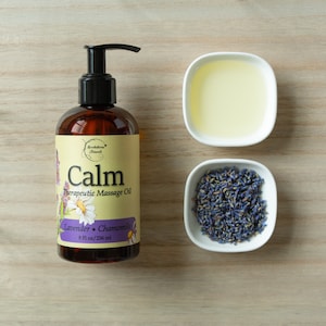 Massage Oil - Lavender & Chamomile Essential Oil to Relax Sore Muscles - Massage Therapy or Home use – with Coconut Oil for Smooth Skin