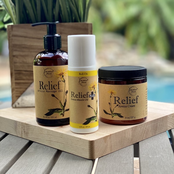 Muscle Recovery Set - Natural Remedy for Relief from Achy Muscles, Stiff Joints and More - Arnica Massage Oil, Arnica Cream and Muscle Oil.