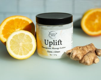 Uplifting Massage Lotion - Shea Butter, Coconut Oil, Citrus and Ginger Essential Oil - For Massage Therapy & At-Home Use - Spa-Quality