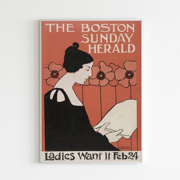 The Boston Sunday Herald Art Print, Vintage Poster of a Woman Reading a Newspaper in Art Nouveau Style, Vintage Poster, Retro Style Print