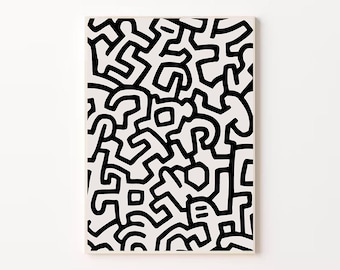 Keith Haring, Vintage Exhibition Poster, Black and White Wallpaper, Keith Haring Contemporary Art Modern Wall, Minimalist Decor, Pop Art