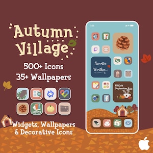 Puede incluir: Anuncio de un tema "Autumn Village" para smartphone, con más de 500 iconos, 35+ fondos de pantalla y widgets decorativos. La pantalla del teléfono muestra una pantalla de inicio personalizada con iconos y widgets temáticos.