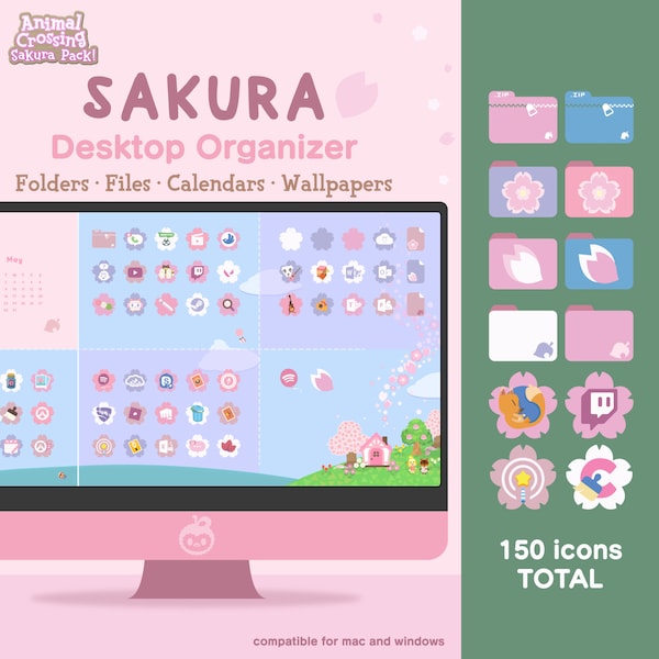 Desktop Organizer - Animal Crossing - Sakura Edition (150 Icons) with Calendars Wallpapers - MacBook & Windows Folders